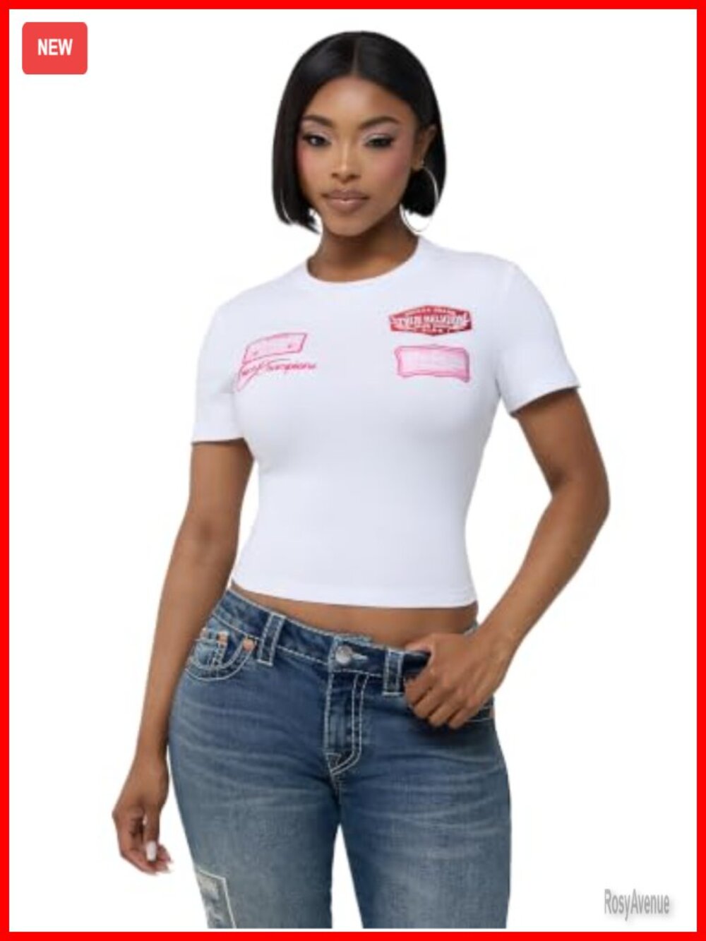 Womens Embroidered Patch Baby Tee 95% Cotton 5% Elastane Crew Neck Crop Top